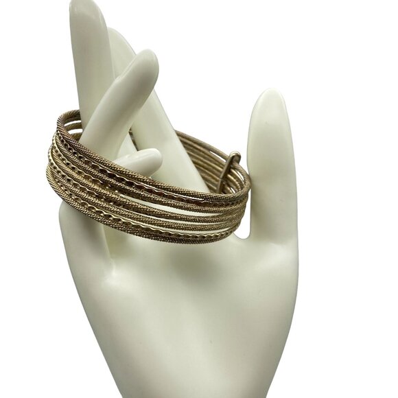 Vintage Brass Stacked Bangles Bracelet, 9 Joined Engraved Thin Bangles, Textured - Picture 3 of 5